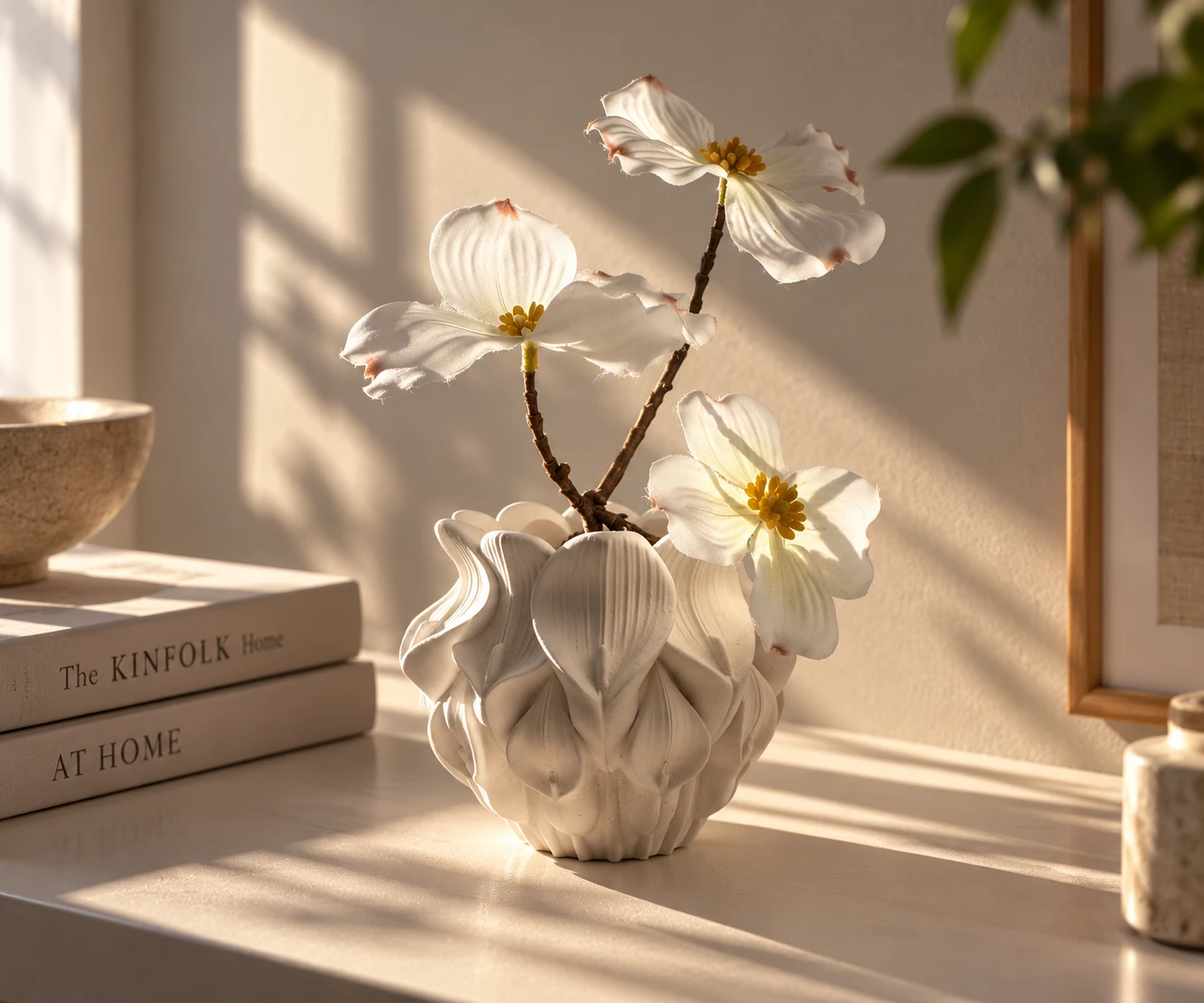 Lilly floral vessel with white flowers on a warmly sunlit shelf